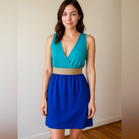 Charlotte Russe Colorblock Dress Blue Teal Gold Waistband Size Small - Picture 1 of 12